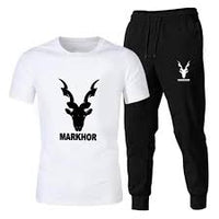 White & Black Markhor Printed Tracksuit for Men & Boys – Premium Soft & Comfy Summer Fabric, Trendy Fired Print Design