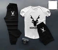White & Black Markhor Printed Tracksuit for Men & Boys – Premium Soft & Comfy Summer Fabric, Trendy Fired Print Design